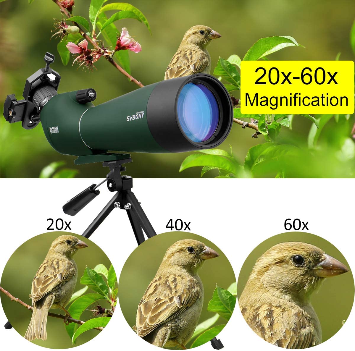Telescop Svbony SV28 cu trepied si adaptor de telefon mobil cu unghi de 45 de grade BAK-4, 20x-60x