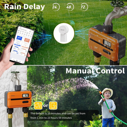Programator smart de irigare udare, doua iesiri, apometru incorporat, Display LCD, automat/manual, pe doua zone de irigatii, control prin aplicatie, pentru gradina, gazon, plante