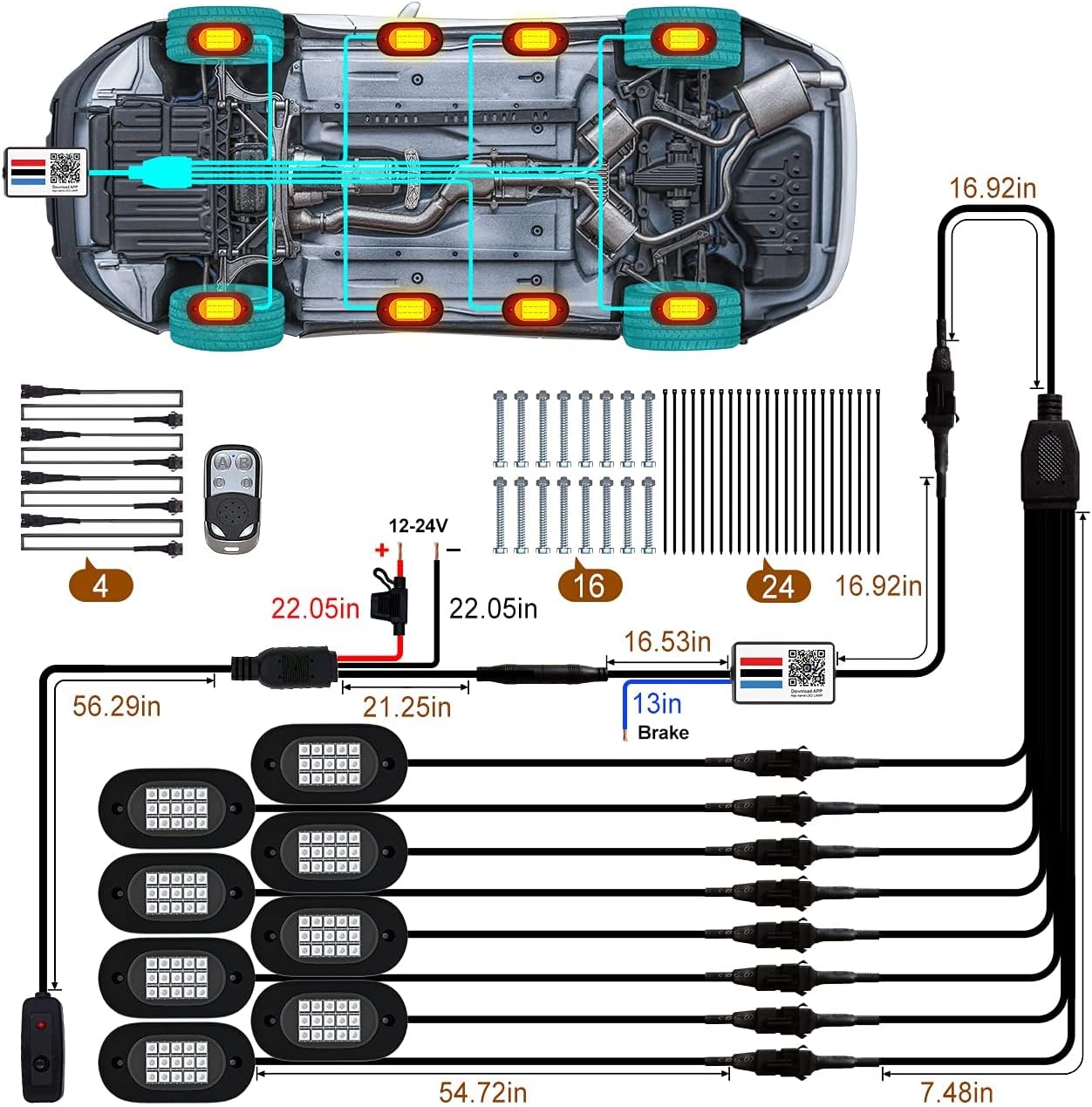 Set 8 lumini ambientale auto LED RGB, control prin aplicatie si telecomanda, sincronizare muzica, aprindere la franare, impermeabile IP68, pentru SUV offroad, camioneta, ATV, motocicleta, carenaj auto