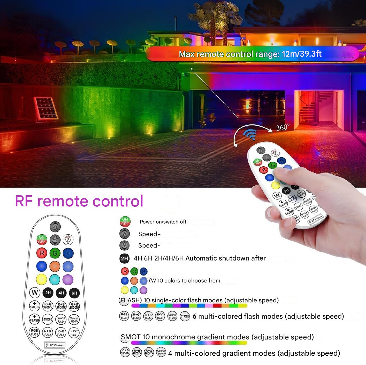 Set 6 lampi gradina cu panou solar, proiector cu LED RGB si telecomanda, acumulator 6000 mAh, impermeabila IP66, 12 moduri iluminare in 10 culori diferite, cu tarus si cablu de 20 metri lungime
