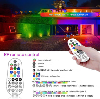 Set 6 lampi gradina cu panou solar, proiector cu LED RGB si telecomanda, acumulator 6000 mAh, impermeabila IP66, 12 moduri iluminare in 10 culori diferite, cu tarus si cablu de 20 metri lungime