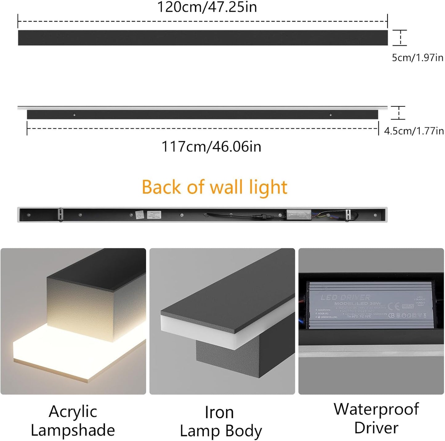 Aplica liniara LED de perete, 120 cm lungime, 35 W, lumina calda 3000 K, impermeabila IP65, corp din metal si abajur acrilic, pentru casa, curte si gradina