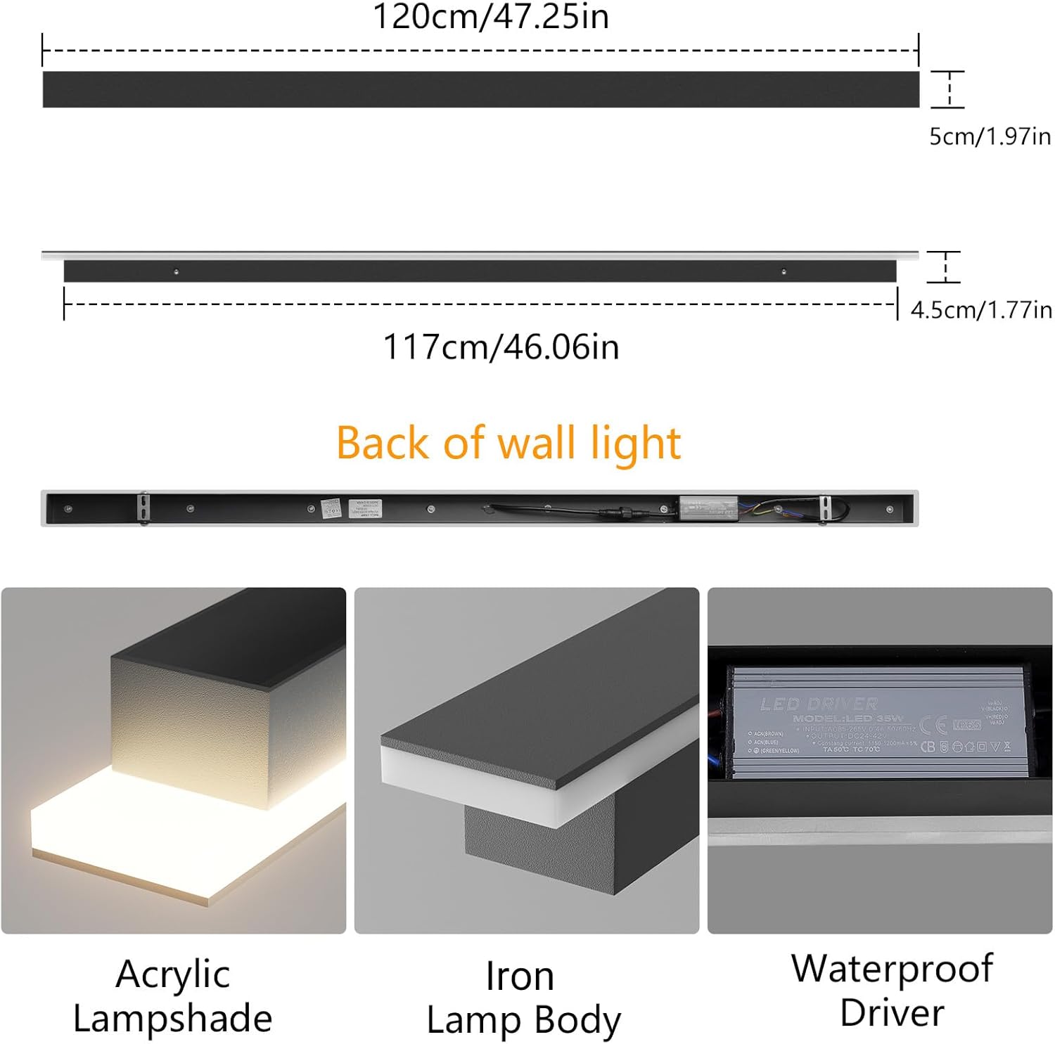 Aplica liniara LED de perete, 120 cm lungime, 35 W, lumina calda 3000 K, impermeabila IP65, corp din metal si abajur acrilic, pentru casa, curte si gradina