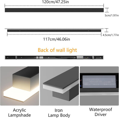 Aplica liniara LED de perete, 120 cm lungime, 35 W, lumina calda 3000 K, impermeabila IP65, corp din metal si abajur acrilic, pentru casa, curte si gradina
