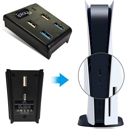 Hub pentru Playstation 5 cu 5 porturi, Adaptor de transfer de date de mare viteza cu 2 porturi USB 2.0, 2 porturi USB 3.0, 1 port de tip C pentru PS5 Disc si Digital Edition
