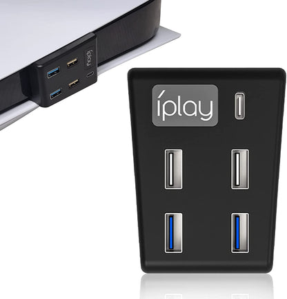 Hub pentru Playstation 5 cu 5 porturi, Adaptor de transfer de date de mare viteza cu 2 porturi USB 2.0, 2 porturi USB 3.0, 1 port de tip C pentru PS5 Disc si Digital Edition
