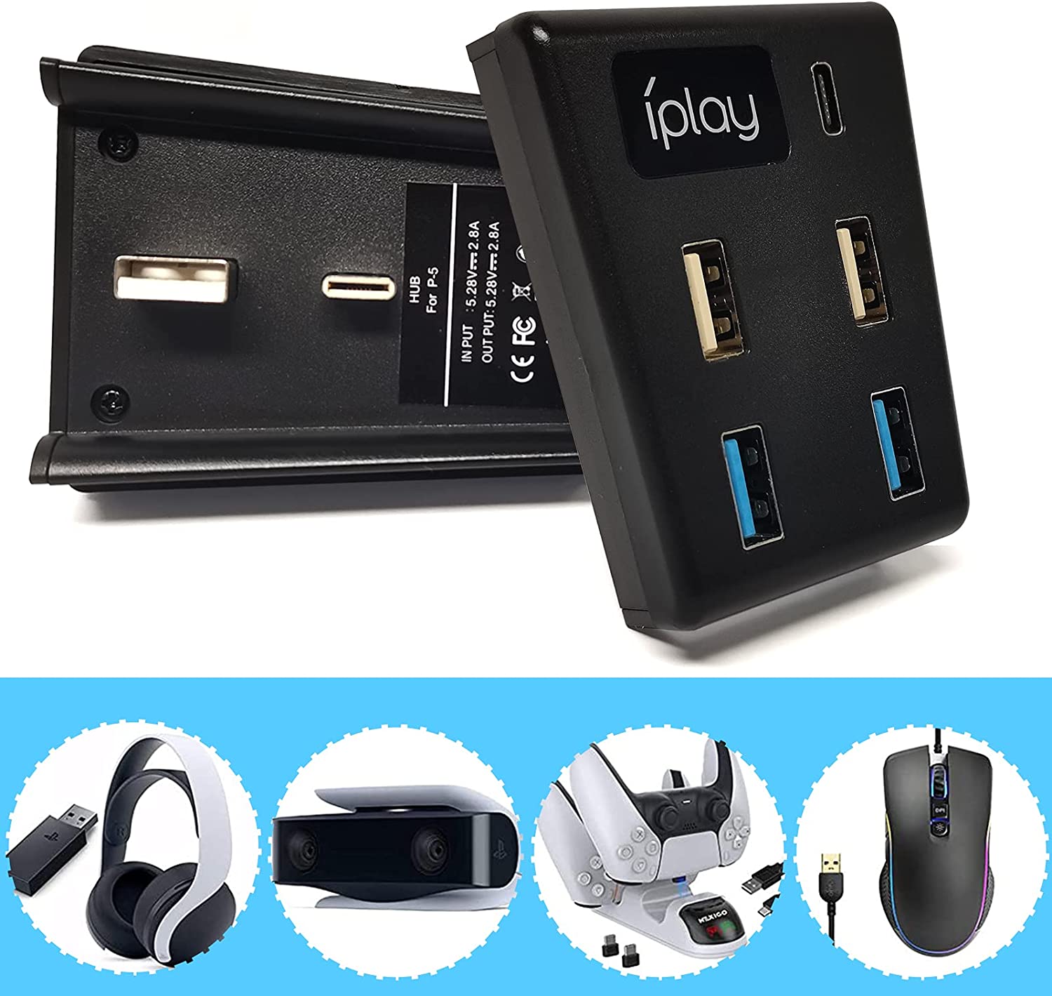 Hub pentru Playstation 5 cu 5 porturi, Adaptor de transfer de date de mare viteza cu 2 porturi USB 2.0, 2 porturi USB 3.0, 1 port de tip C pentru PS5 Disc si Digital Edition