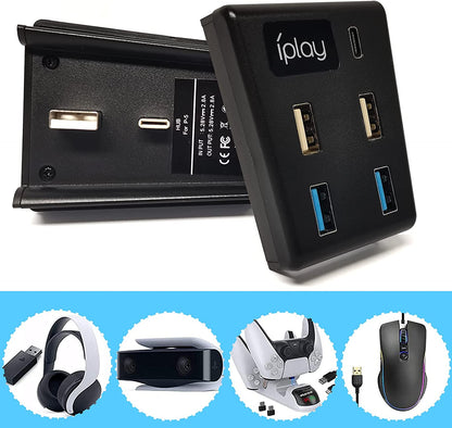 Hub pentru Playstation 5 cu 5 porturi, Adaptor de transfer de date de mare viteza cu 2 porturi USB 2.0, 2 porturi USB 3.0, 1 port de tip C pentru PS5 Disc si Digital Edition