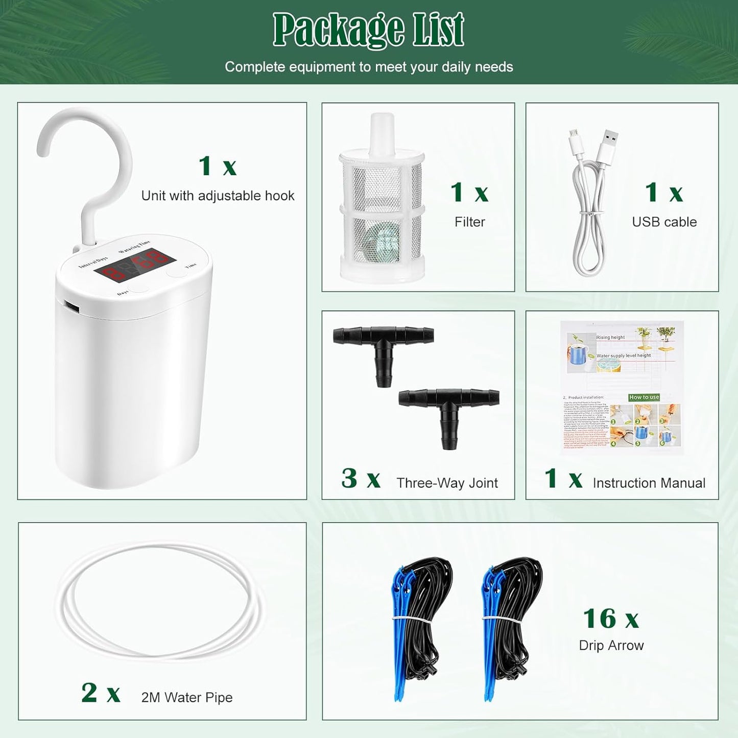 Sistem de irigare prin picurare pentru plante in ghiveci, cu acumulator 2000 mAh reincarcabil USB, furtun de 2m, 16 picuratoare, display LED, alb
