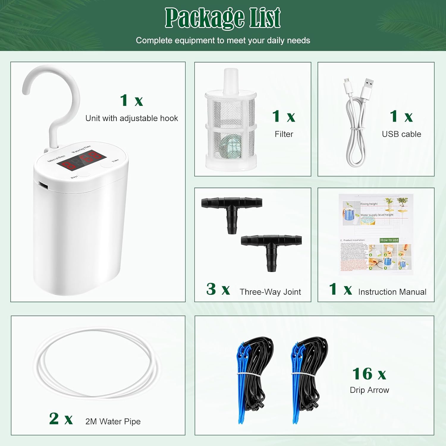 Sistem de irigare prin picurare pentru plante in ghiveci, cu acumulator 2000 mAh reincarcabil USB, furtun de 2m, 16 picuratoare, display LED, alb