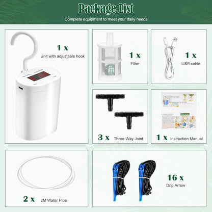 Sistem de irigare prin picurare pentru plante in ghiveci, cu acumulator 2000 mAh reincarcabil USB, furtun de 2m, 16 picuratoare, display LED, alb