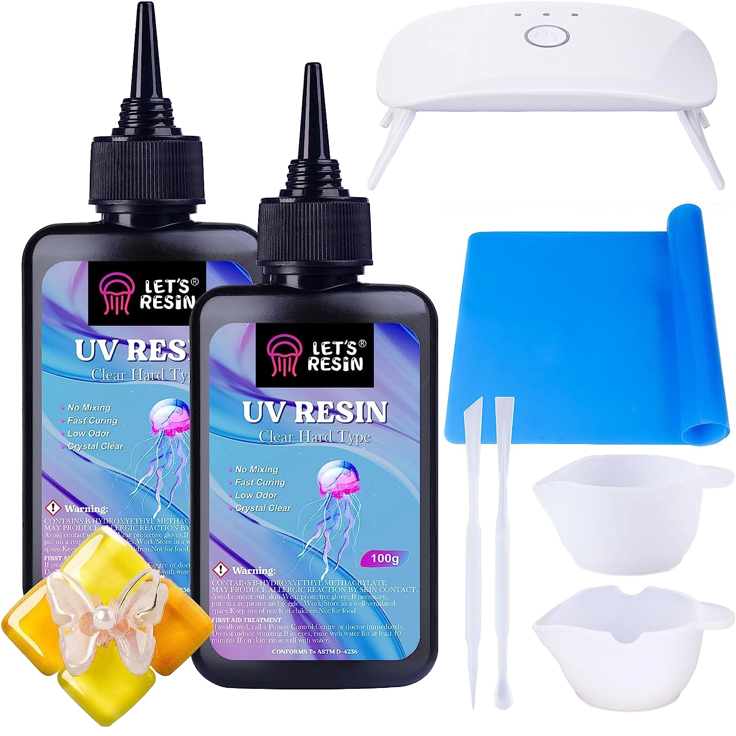 Set lampa UV LED si rasina UV 200 g transparenta cu covoras de silicon, amestecator si cupe, pentru bijuterii, decoratiuni, bricolaj