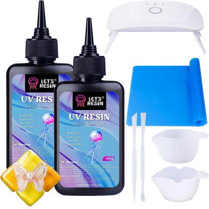 Set lampa UV LED si rasina UV 200 g transparenta cu covoras de silicon, amestecator si cupe, pentru bijuterii, decoratiuni, bricolaj