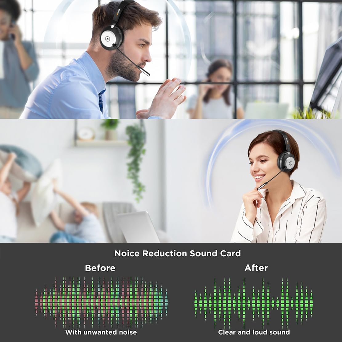 Casca Call Center Bluetooth 5.2 cu stativ de incarcare, microfon cu anulare zgomot rotativ 270°, dongle USB, buton mute, timp functionare 45h, pentru PC si smartphone, negru