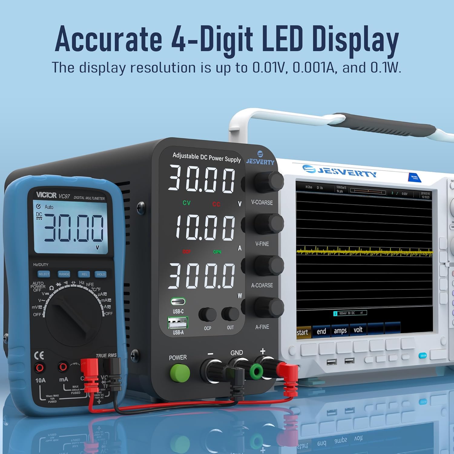 Sursa de alimentare de laborator 32 V, 10 A, CC, cu reglaj fin si grosier prin codificator, USB-C si USB-A 20 W, protectie supracurent OCP, ventilator de racire, intrare AC115V/230V, Jesverty