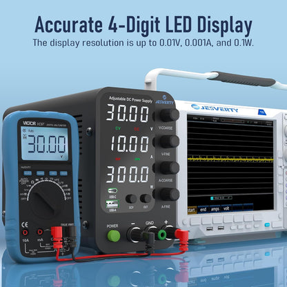 Sursa de alimentare de laborator 32 V, 10 A, CC, cu reglaj fin si grosier prin codificator, USB-C si USB-A 20 W, protectie supracurent OCP, ventilator de racire, intrare AC115V/230V, Jesverty