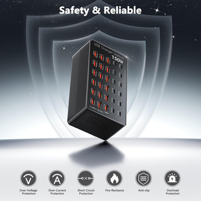 Statie de incarcare USB 150W, 30 porturi 12x USB-C + 18x USB-A, PD 30W si QC 18W, tehnologie GaN, incarcare simultana pentru telefoane, tablete, casti si smartwatch, cablu alimentare 1.5m, negru