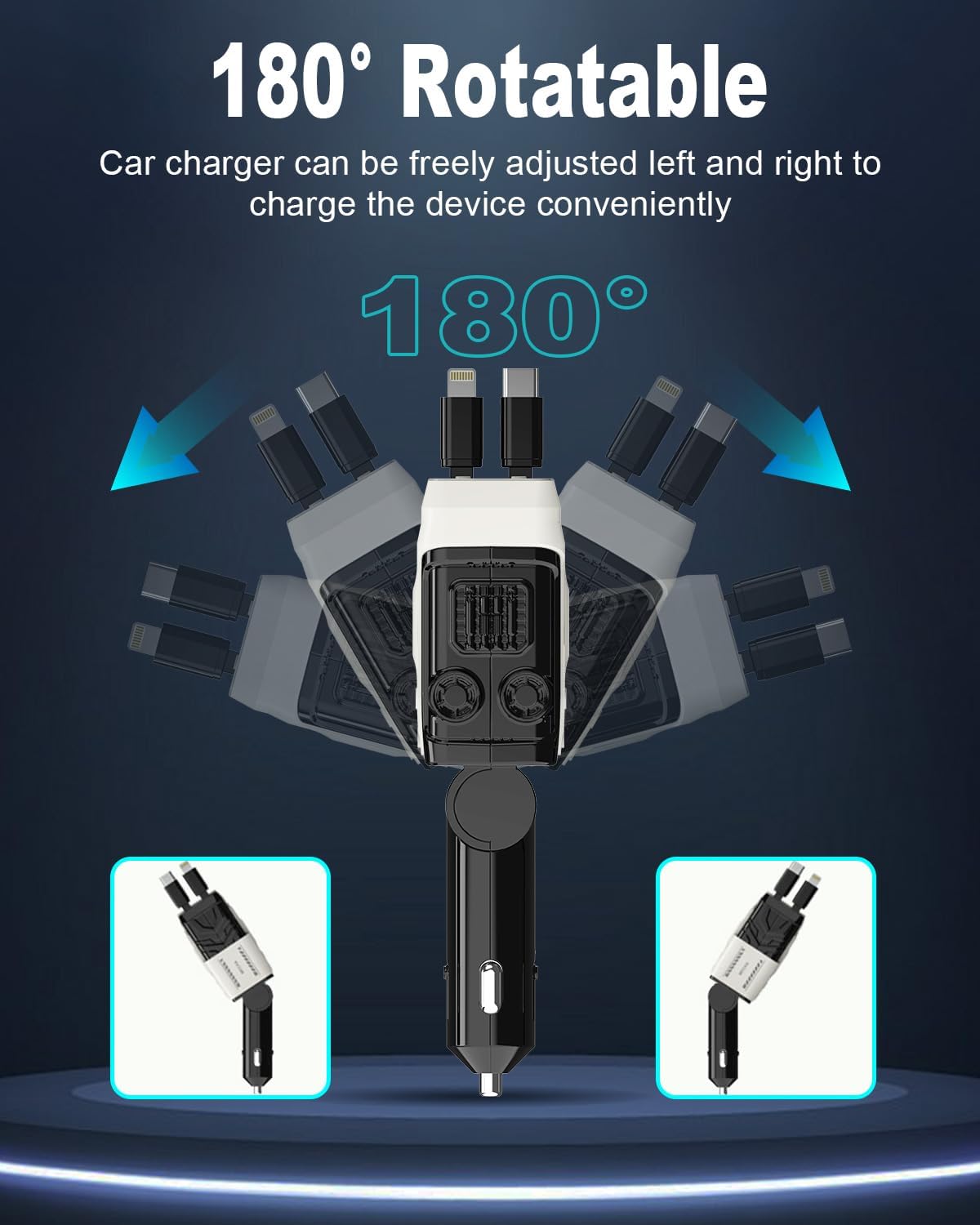 Incarcator auto 4 in 1 cu 2 cabluri retractabile 80 cm USB-C si iOS, port USB-C si USB-A, rotatie 180°, display LED, compatibil Apple si Android