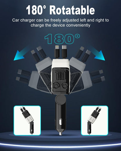 Incarcator auto 4 in 1 cu 2 cabluri retractabile 80 cm USB-C si iOS, port USB-C si USB-A, rotatie 180°, display LED, compatibil Apple si Android