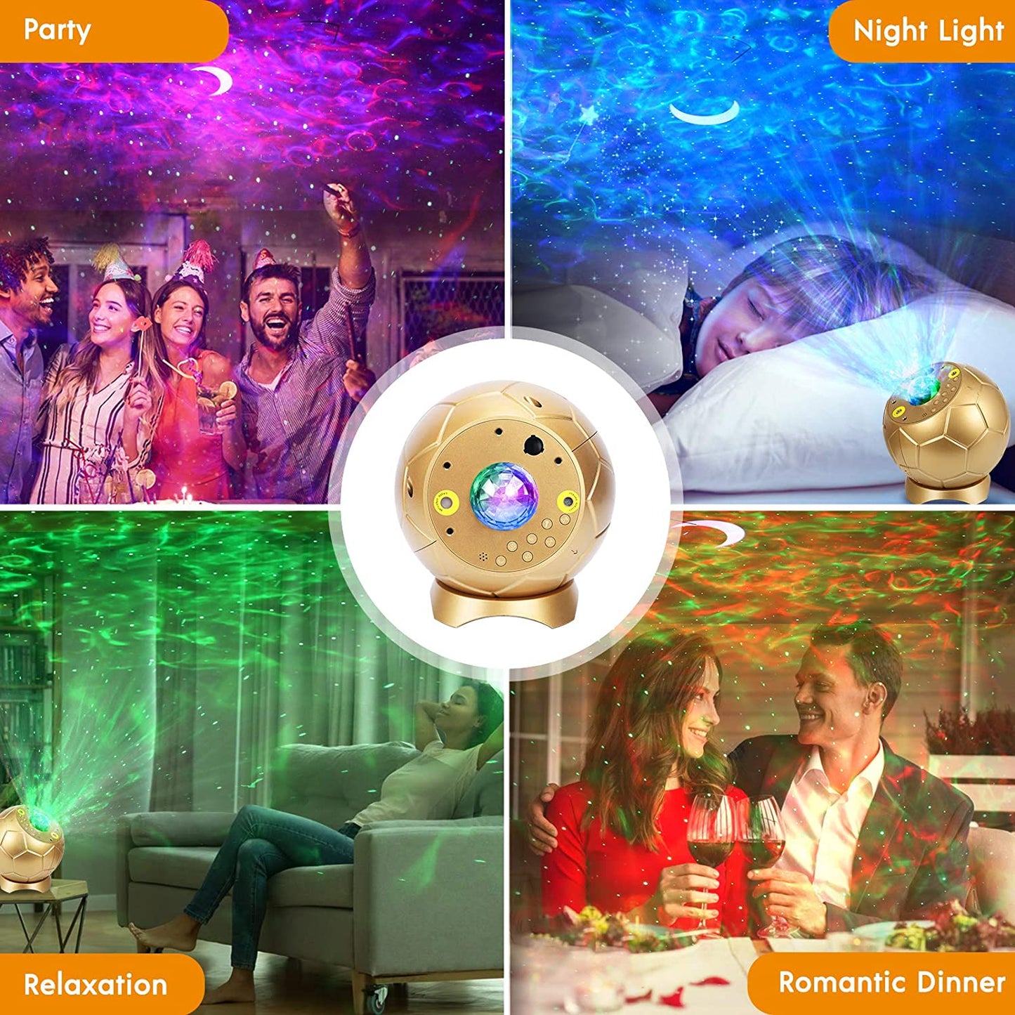 Proiector de stele LED, lumina de noapte cu telecomanda si difuzor Bluetooth, 65 efecte de lumina, stil minge de fotbal, efect Aurora, ceata, lumina selenara
