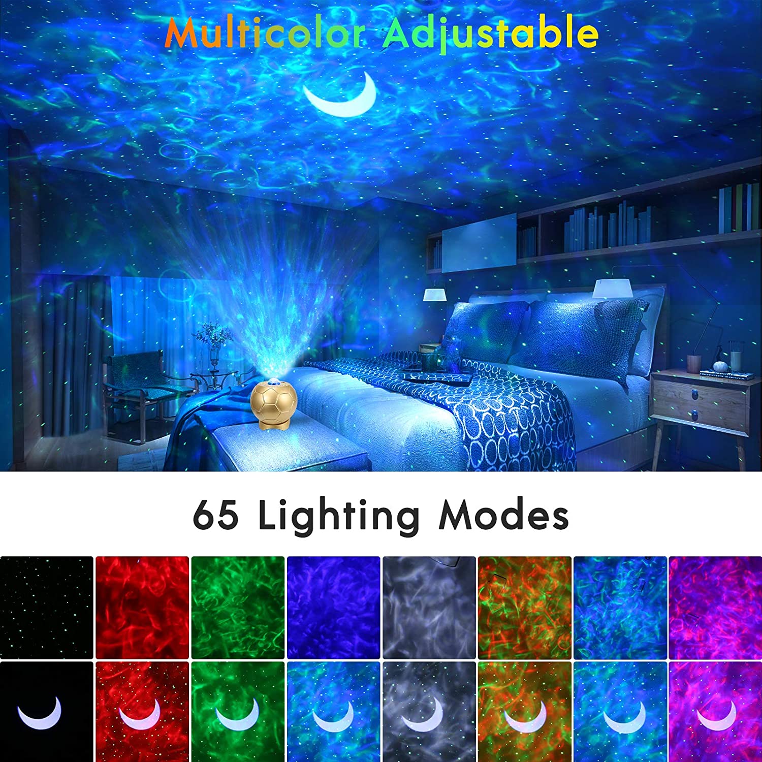 Proiector de stele LED, lumina de noapte cu telecomanda si difuzor Bluetooth, 65 efecte de lumina, stil minge de fotbal, efect Aurora, ceata, lumina selenara
