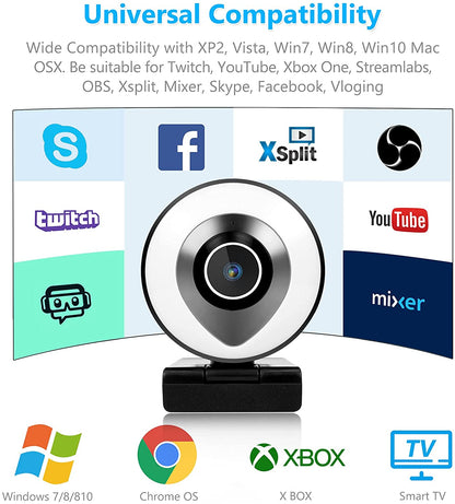 Camera web cu ring light ajustabil, 2K HD, cu microfon, trepied, port USB, focalizare automata, plug and play, pentru gaming, streaming video, inregistrare