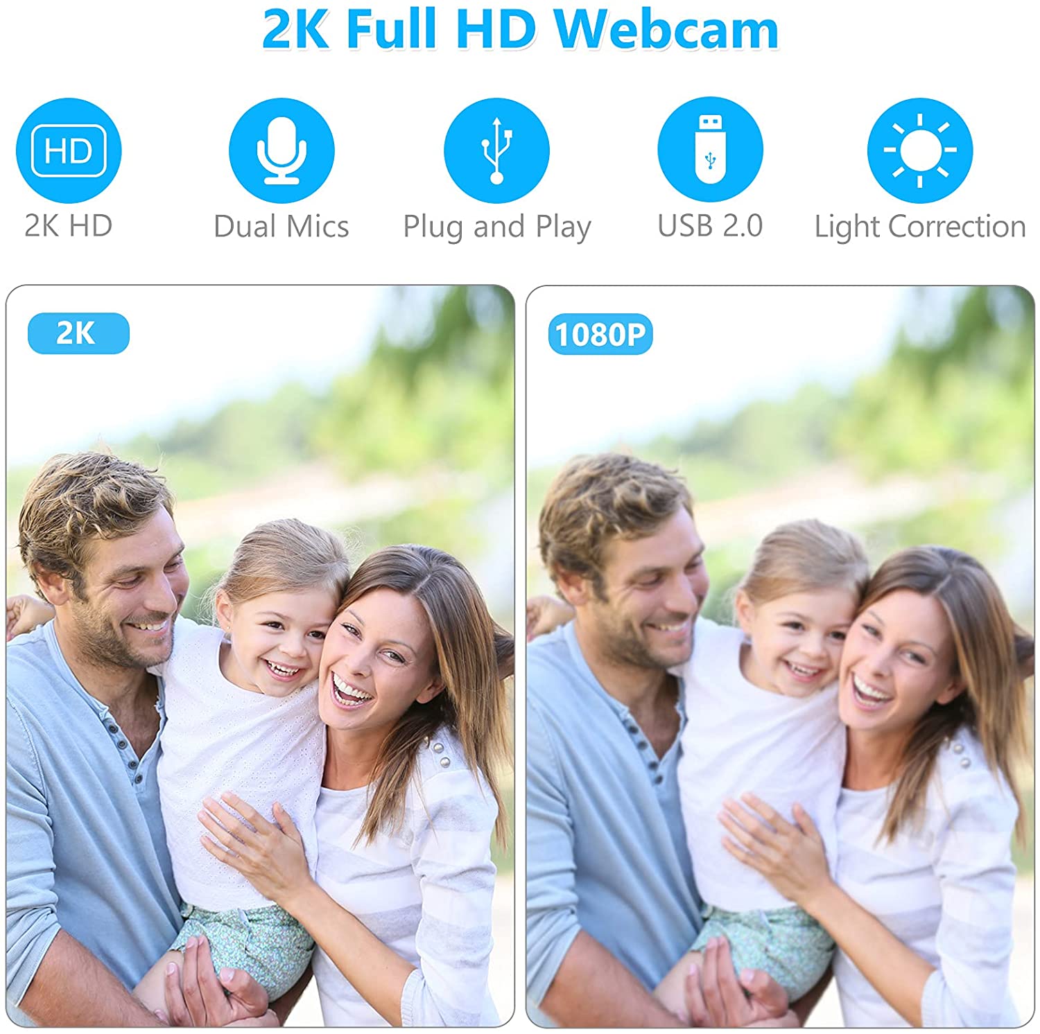 Camera web cu ring light ajustabil, 2K HD, cu microfon, trepied, port USB, focalizare automata, plug and play, pentru gaming, streaming video, inregistrare