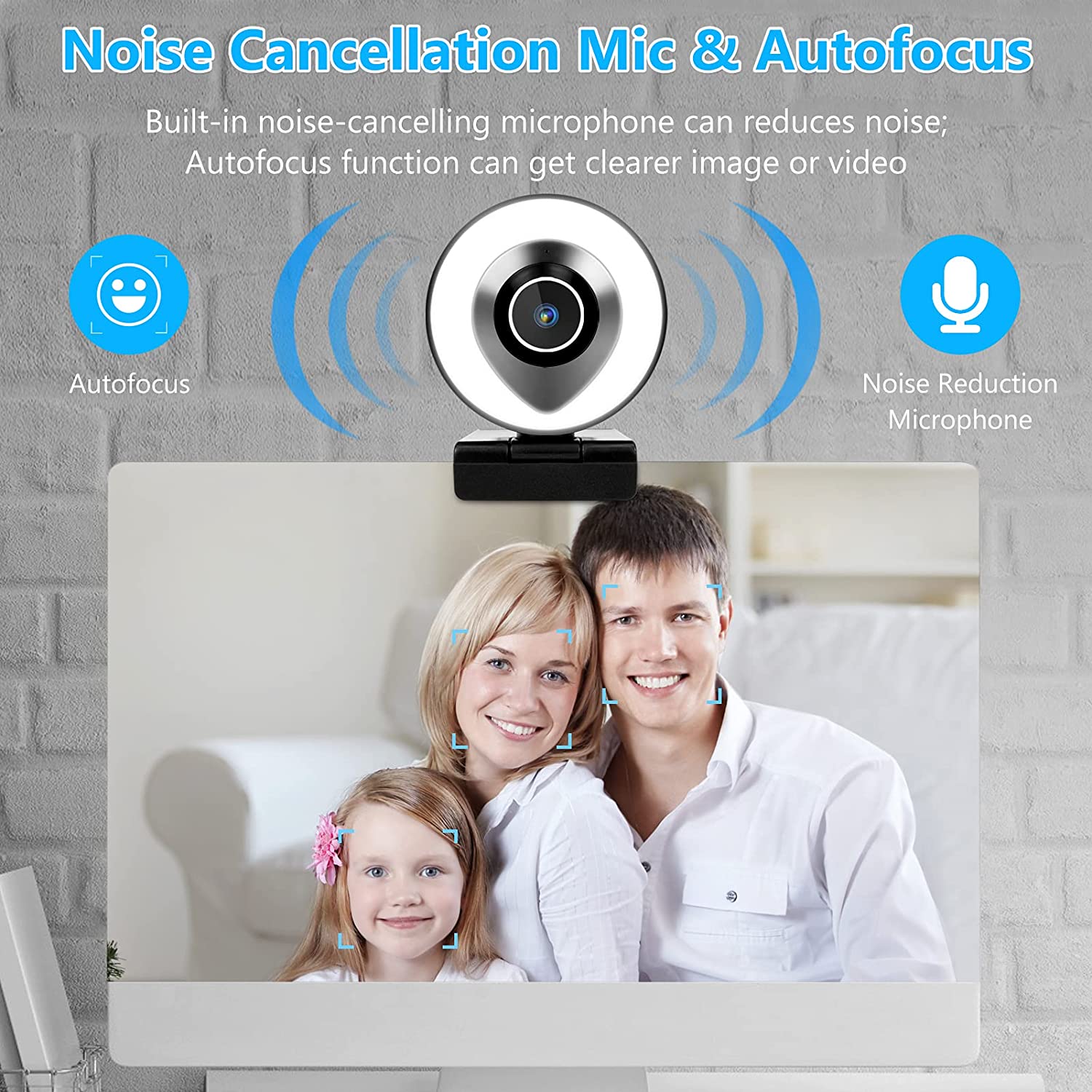 Camera web cu ring light ajustabil, 2K HD, cu microfon, trepied, port USB, focalizare automata, plug and play, pentru gaming, streaming video, inregistrare