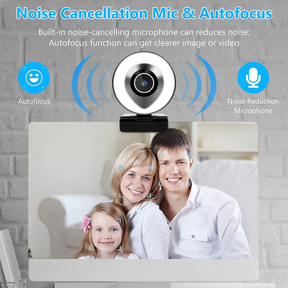 Camera web cu ring light ajustabil, 2K HD, cu microfon, trepied, port USB, focalizare automata, plug and play, pentru gaming, streaming video, inregistrare