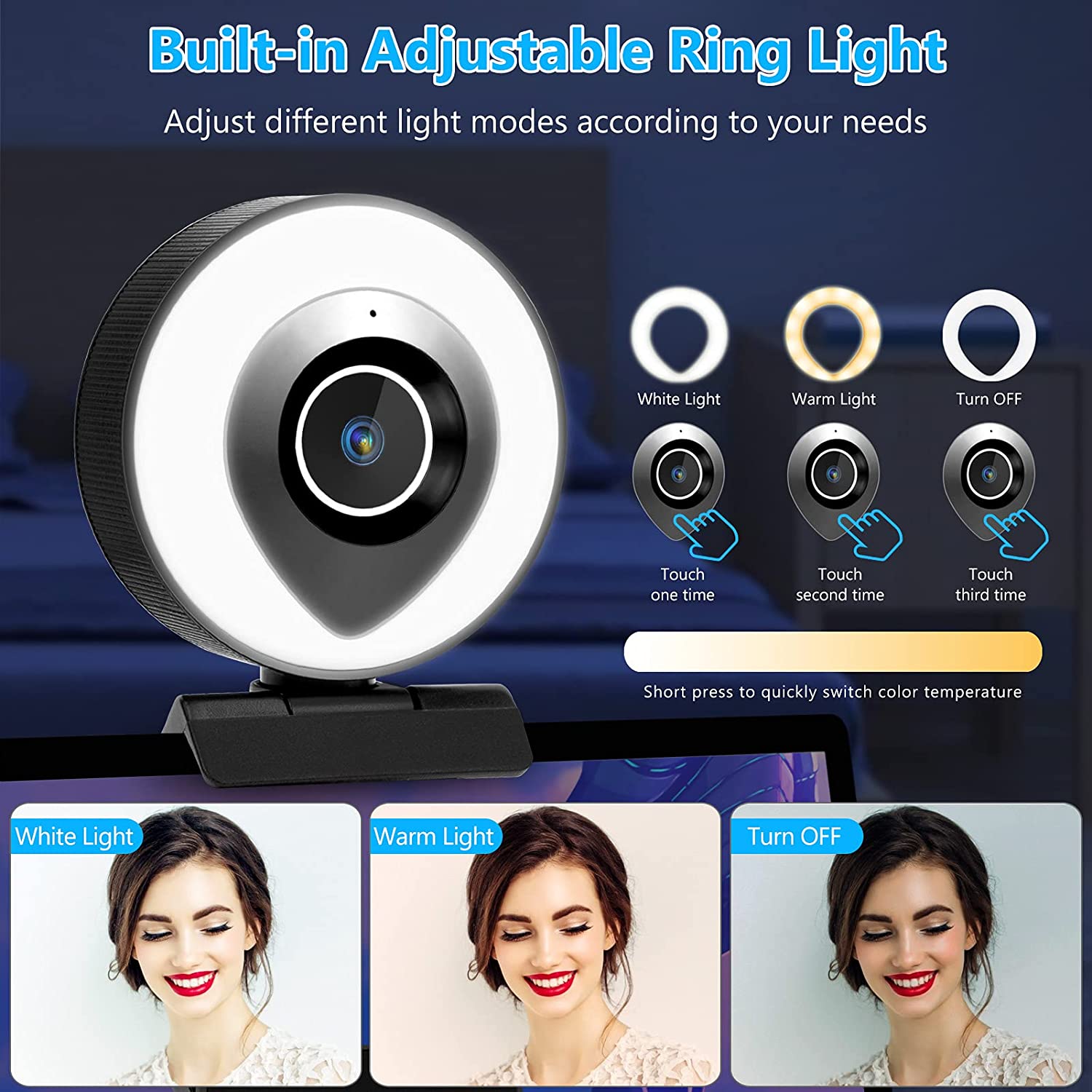 Camera web cu ring light ajustabil, 2K HD, cu microfon, trepied, port USB, focalizare automata, plug and play, pentru gaming, streaming video, inregistrare