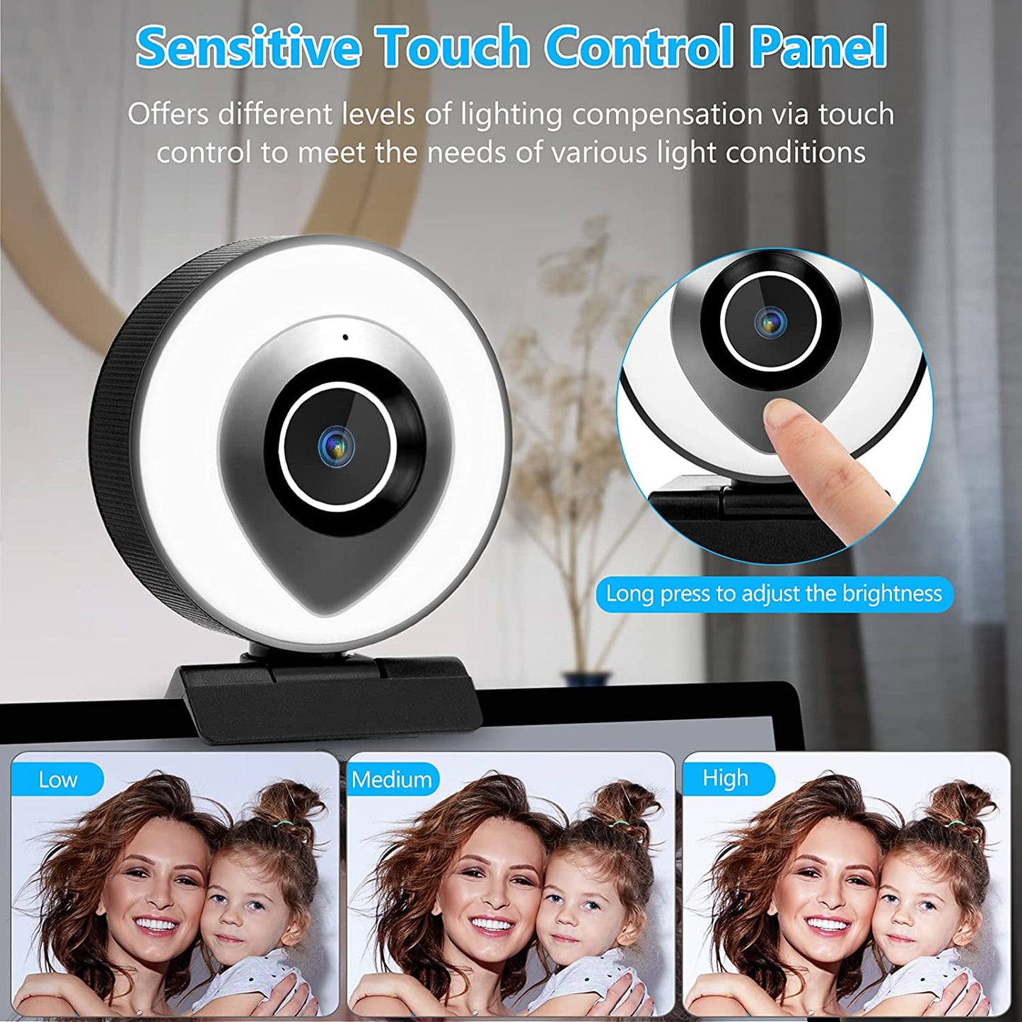 Camera web cu ring light ajustabil, 2K HD, cu microfon, trepied, port USB, focalizare automata, plug and play, pentru gaming, streaming video, inregistrare