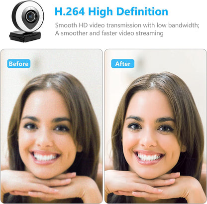 Camera web cu ring light ajustabil, 2K HD, cu microfon, trepied, port USB, focalizare automata, plug and play, pentru gaming, streaming video, inregistrare