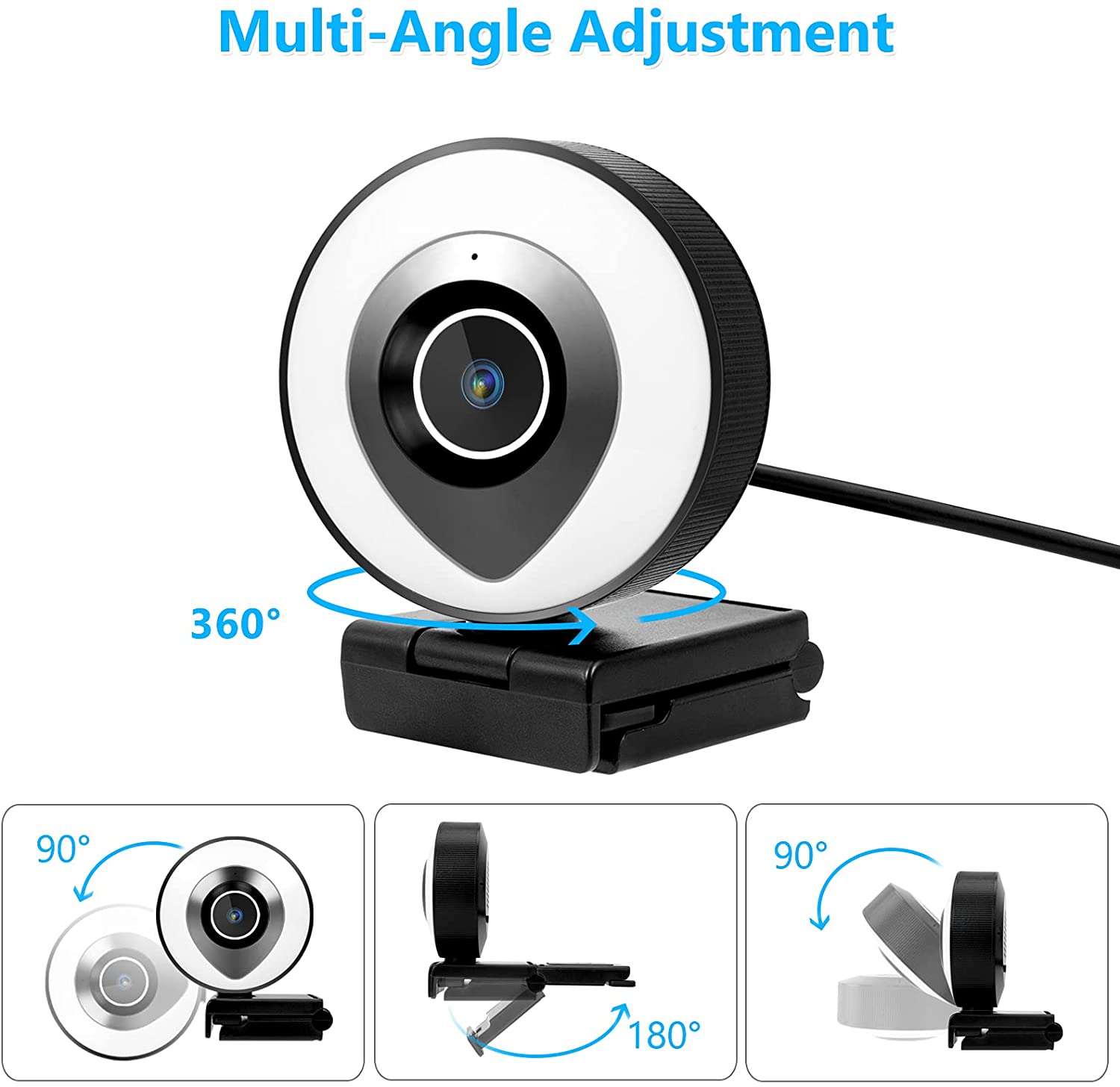 Camera web cu ring light ajustabil, 2K HD, cu microfon, trepied, port USB, focalizare automata, plug and play, pentru gaming, streaming video, inregistrare