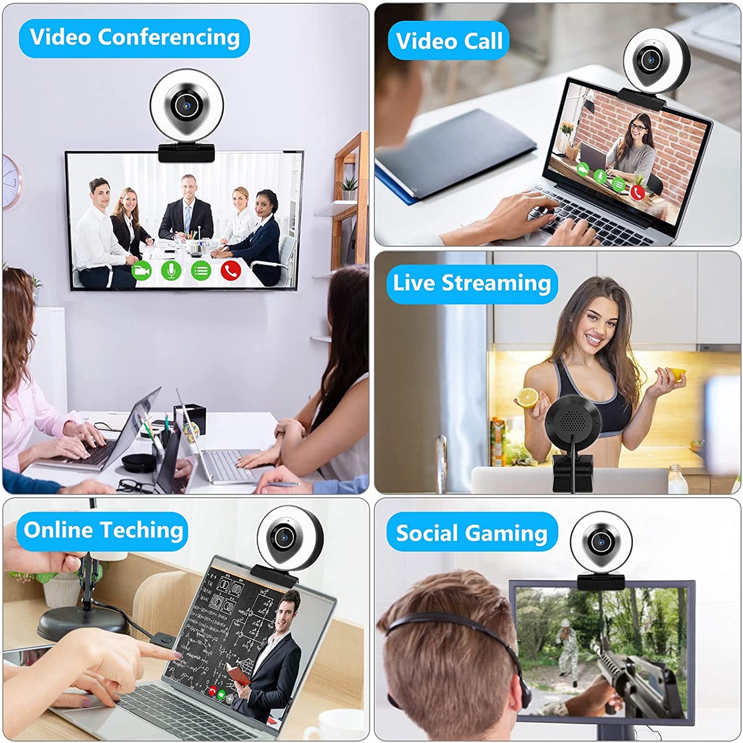 Camera web cu ring light ajustabil, 2K HD, cu microfon, trepied, port USB, focalizare automata, plug and play, pentru gaming, streaming video, inregistrare
