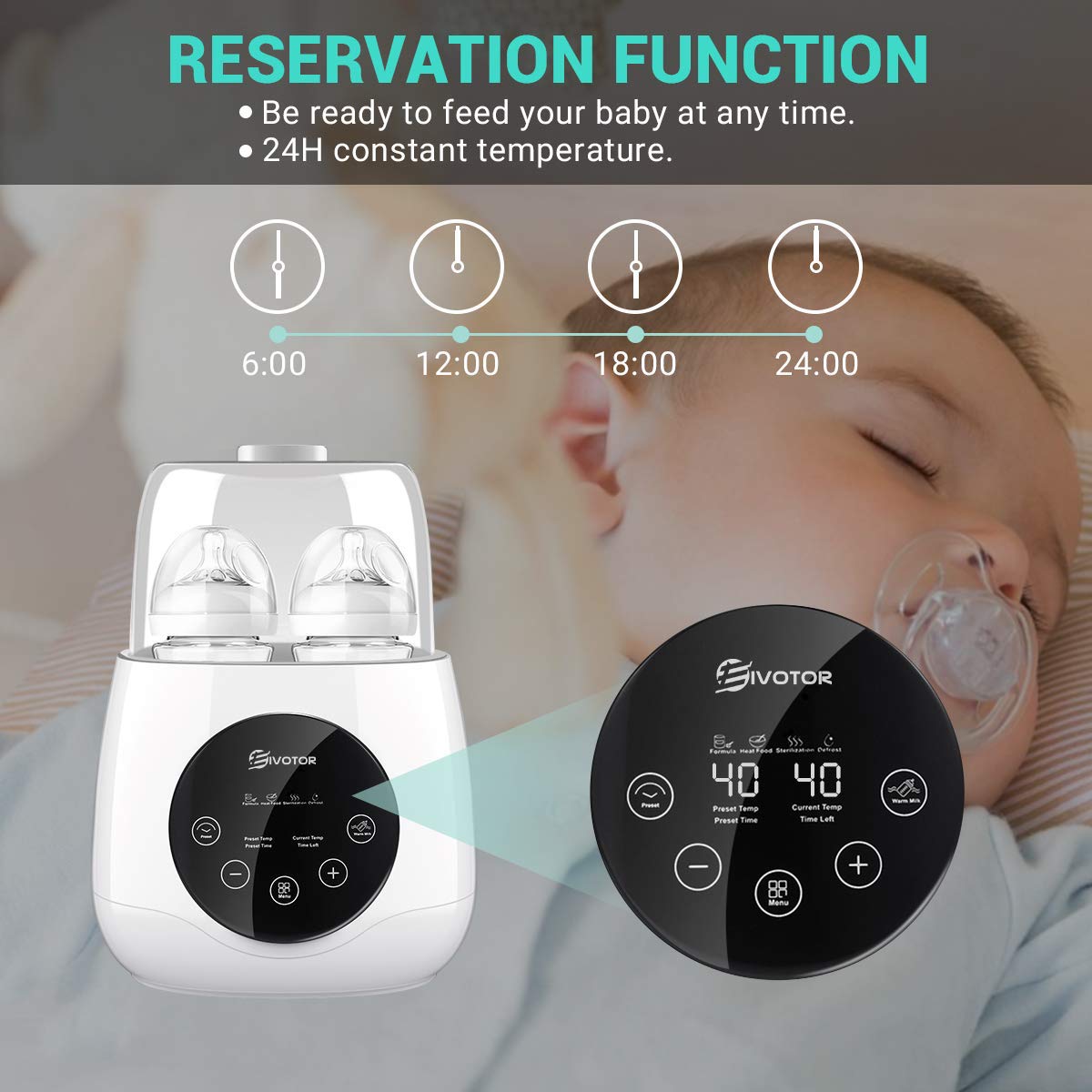 Incalzitor dublu de biberoane, sterilizator multifunctional cu functie dezghetare si pastrare temperatura, pentru sticle bebelusi si suzete, cu display LED
