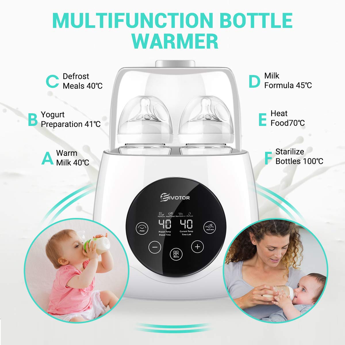 Incalzitor dublu de biberoane, sterilizator multifunctional cu functie dezghetare si pastrare temperatura, pentru sticle bebelusi si suzete, cu display LED