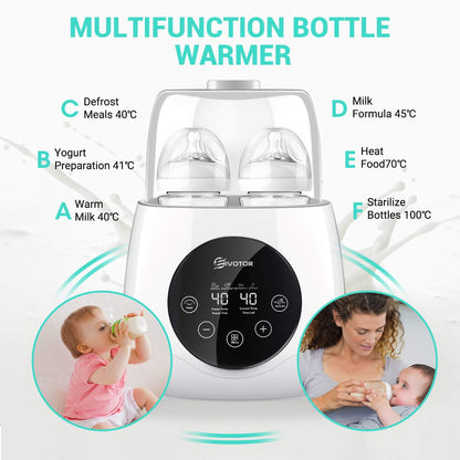 Incalzitor dublu de biberoane, sterilizator multifunctional cu functie dezghetare si pastrare temperatura, pentru sticle bebelusi si suzete, cu display LED