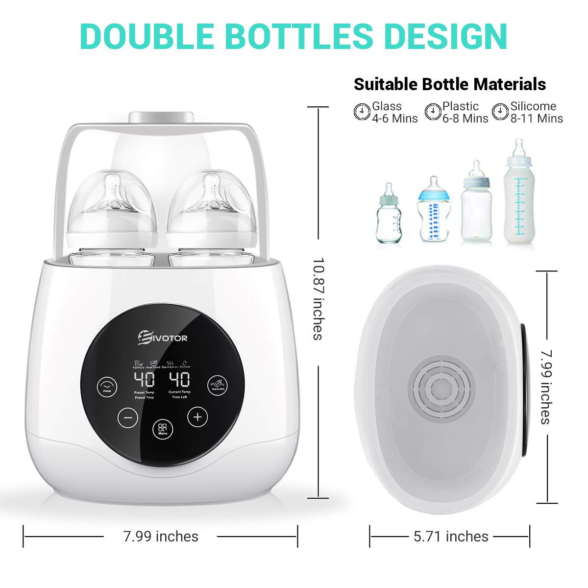 Incalzitor dublu de biberoane, sterilizator multifunctional cu functie dezghetare si pastrare temperatura, pentru sticle bebelusi si suzete, cu display LED