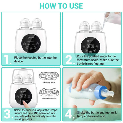 Incalzitor dublu de biberoane, sterilizator multifunctional cu functie dezghetare si pastrare temperatura, pentru sticle bebelusi si suzete, cu display LED