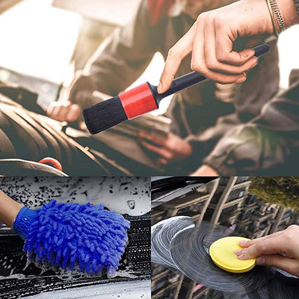 Set perii detailing auto 13 buc, pentru curatare masina, cu pensule detaliere, perie de sarma, burete aplicator si laveta