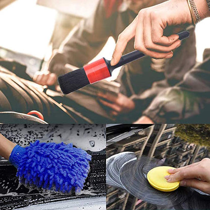 Set perii detailing auto 13 buc, pentru curatare masina, cu pensule detaliere, perie de sarma, burete aplicator si laveta