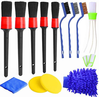 Set perii detailing auto 13 buc, pentru curatare masina, cu pensule detaliere, perie de sarma, burete aplicator si laveta