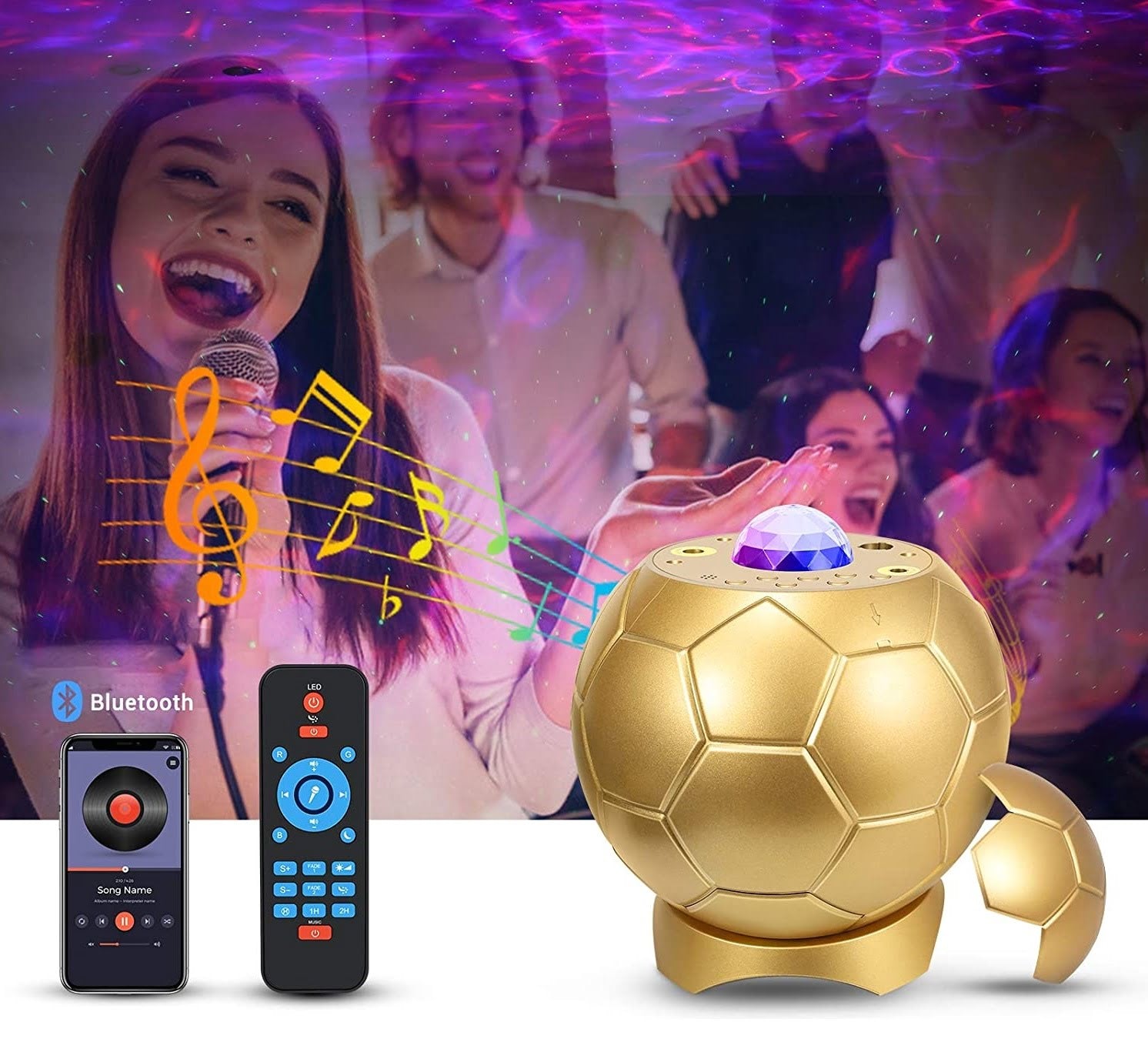 Proiector de stele LED, lumina de noapte cu telecomanda si difuzor Bluetooth, 65 efecte de lumina, stil minge de fotbal, efect Aurora, ceata, lumina selenara