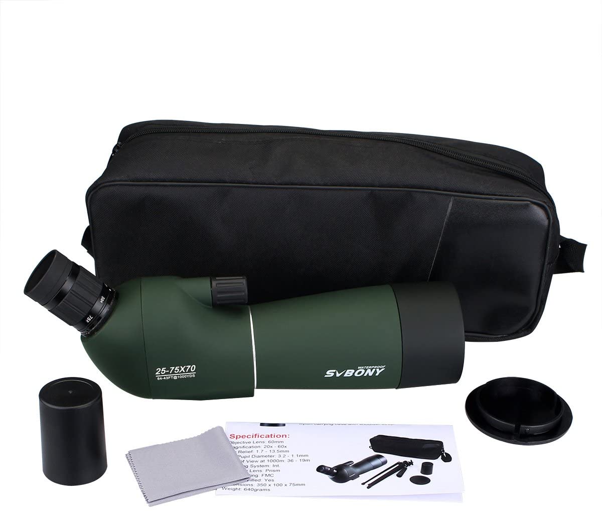 Telescop Svbony SV28 cu trepied si adaptor de telefon mobil cu unghi de 45 de grade BAK-4, 25x-75x, verde