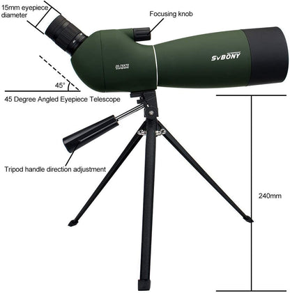 Telescop Svbony SV28 cu trepied si adaptor de telefon mobil cu unghi de 45 de grade BAK-4, 25x-75x, verde