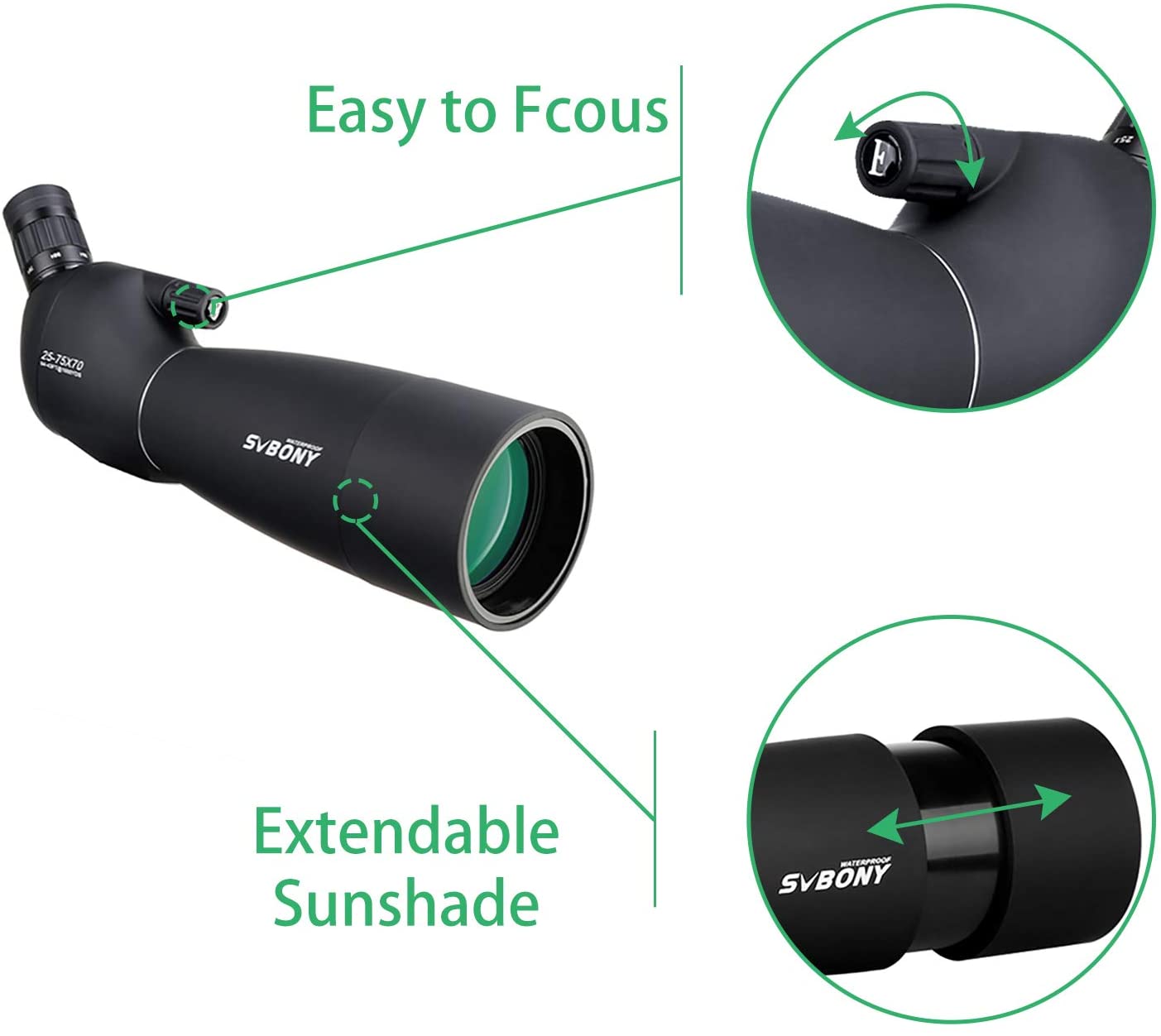 Telescop Svbony SV28 cu trepied si adaptor de telefon mobil cu unghi de 45 de grade BAK-4, 25x-75x, negru