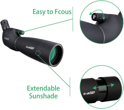 Telescop Svbony SV28 cu trepied si adaptor de telefon mobil cu unghi de 45 de grade BAK-4, 25x-75x, negru