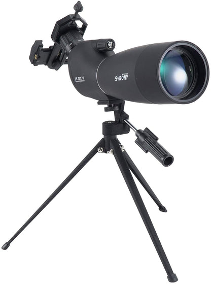 Telescop Svbony SV28 cu trepied si adaptor de telefon mobil cu unghi de 45 de grade BAK-4, 25x-75x, negru