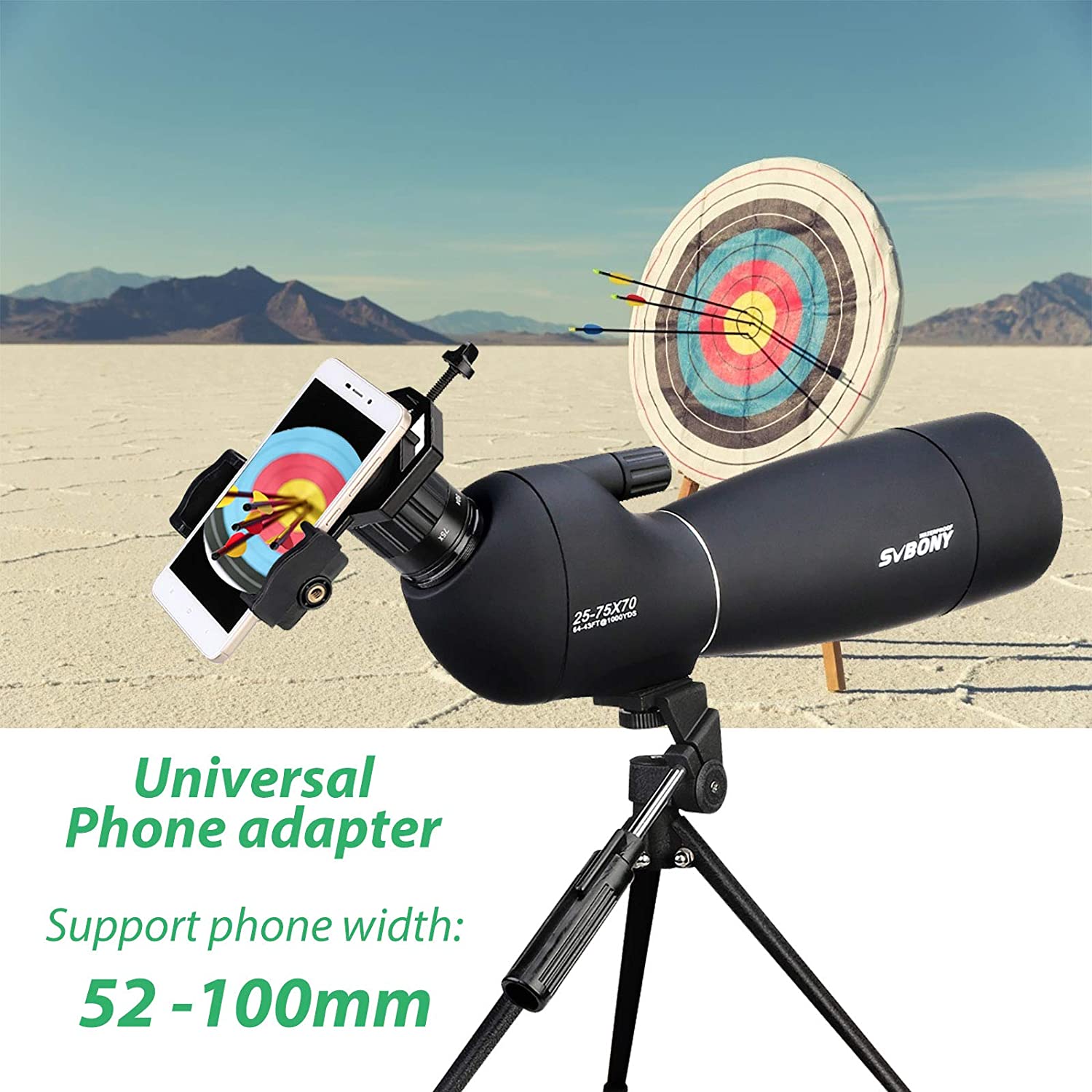Telescop Svbony SV28 cu trepied si adaptor de telefon mobil cu unghi de 45 de grade BAK-4, 25x-75x, negru