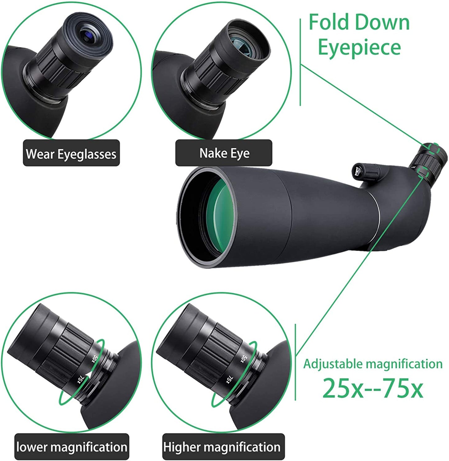 Telescop Svbony SV28 cu trepied si adaptor de telefon mobil cu unghi de 45 de grade BAK-4, 25x-75x, negru